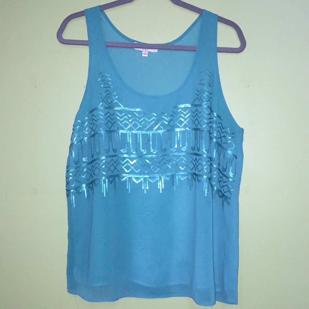 Umgee Aqua Blue Sequin Embroidered Tank Top